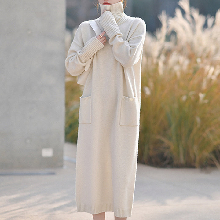 Genna - High-Neck Long-Sleeve Casual Loose Knit Dress