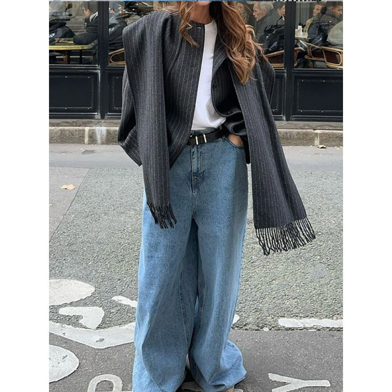 Women's pinstripe jacket Jacquetta in Charcoal Grey – full-length street view