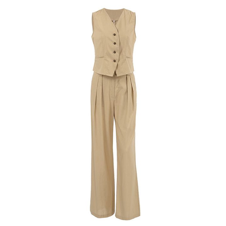 Women's waistcoat and wide leg trousers set Clemmie in Khaki – product flat view