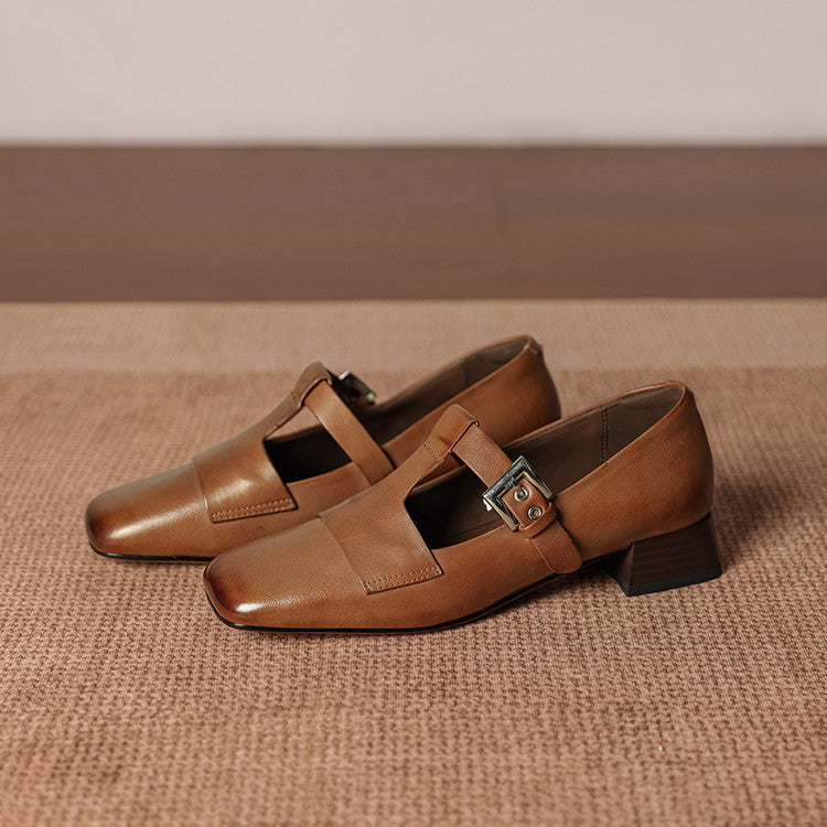 Women's Leather T-Bar Block Heel Shoes – Veyra