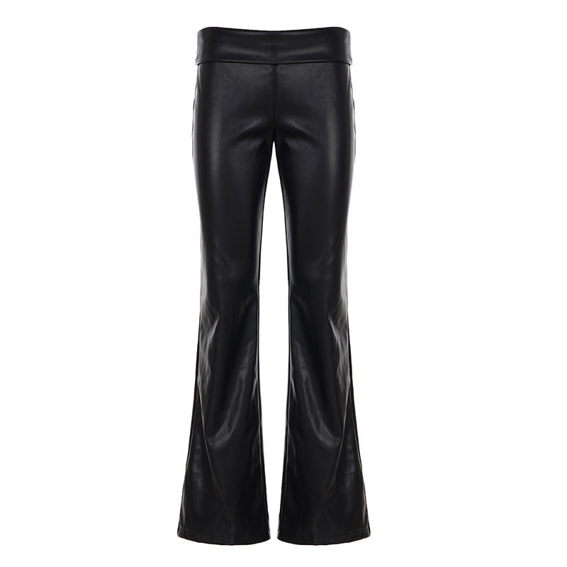 Women's faux leather flared trousers Felicia in Black – fold-over waist style front view