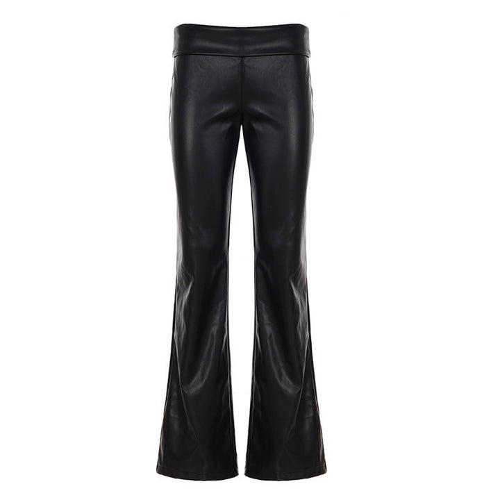 Women's faux leather flared trousers Felicia in Black – fold-over waist style front view