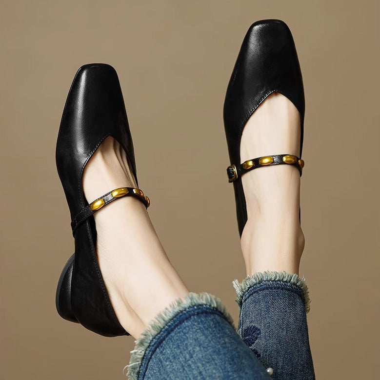 Women's Beaded Strap Leather Mary Jane Flats – Zyra