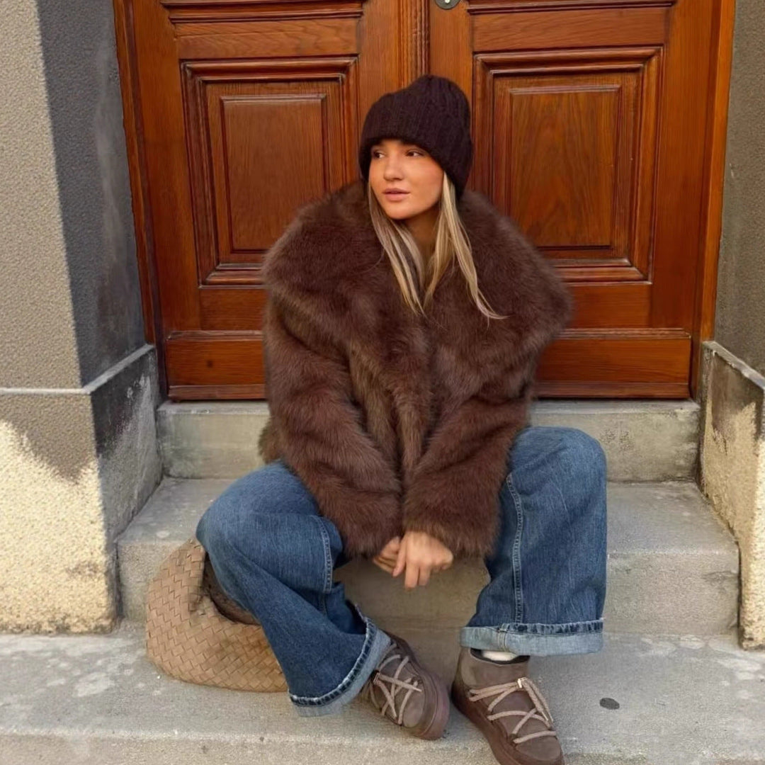 Hebden women's faux fur coat in Dark Brown – front view