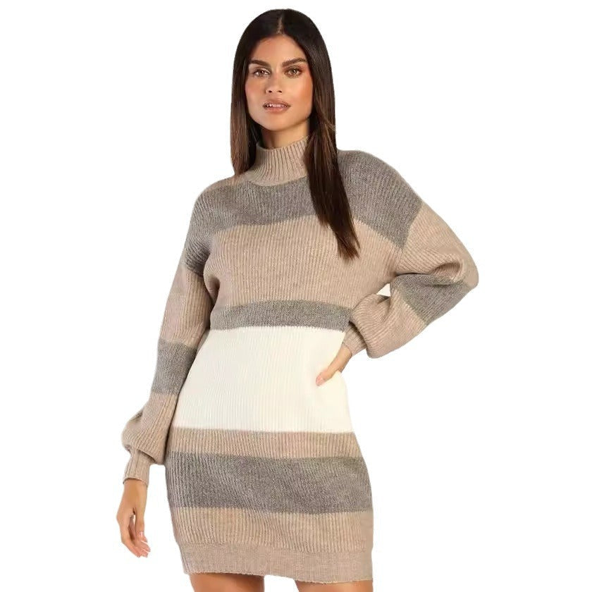 Women's striped knitted jumper dress Fleur in Khaki – front close-up