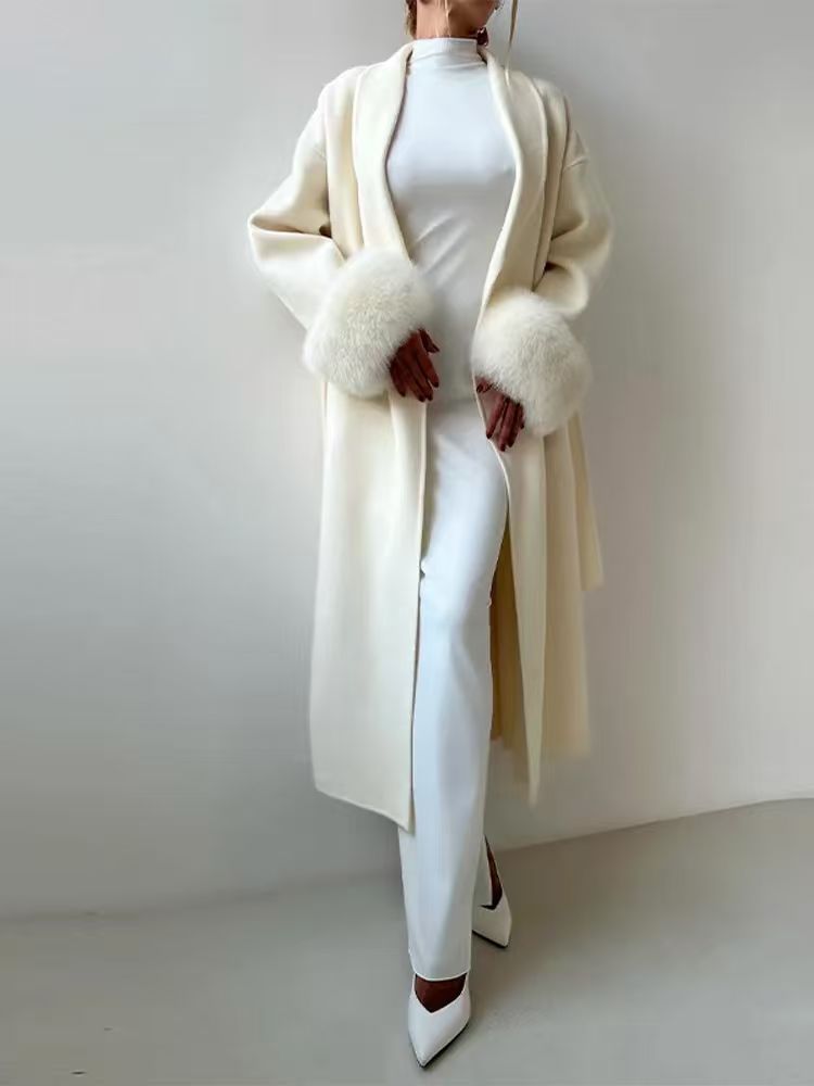 Women's long coat with faux fur cuffs Bridie in White – front view
