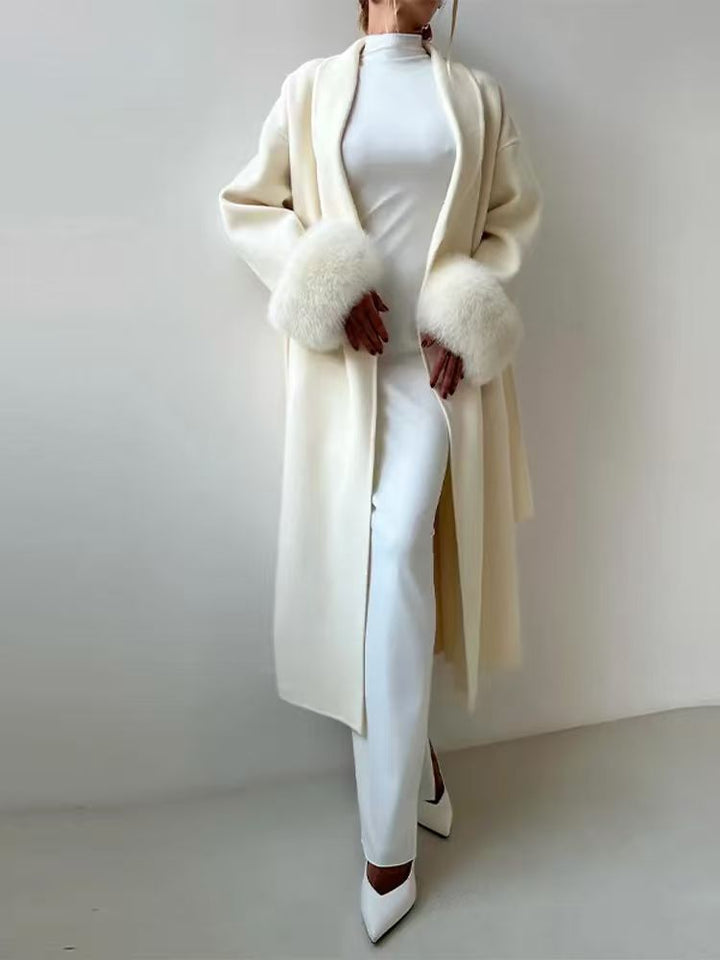 Women's long coat with faux fur cuffs Bridie in White – front view