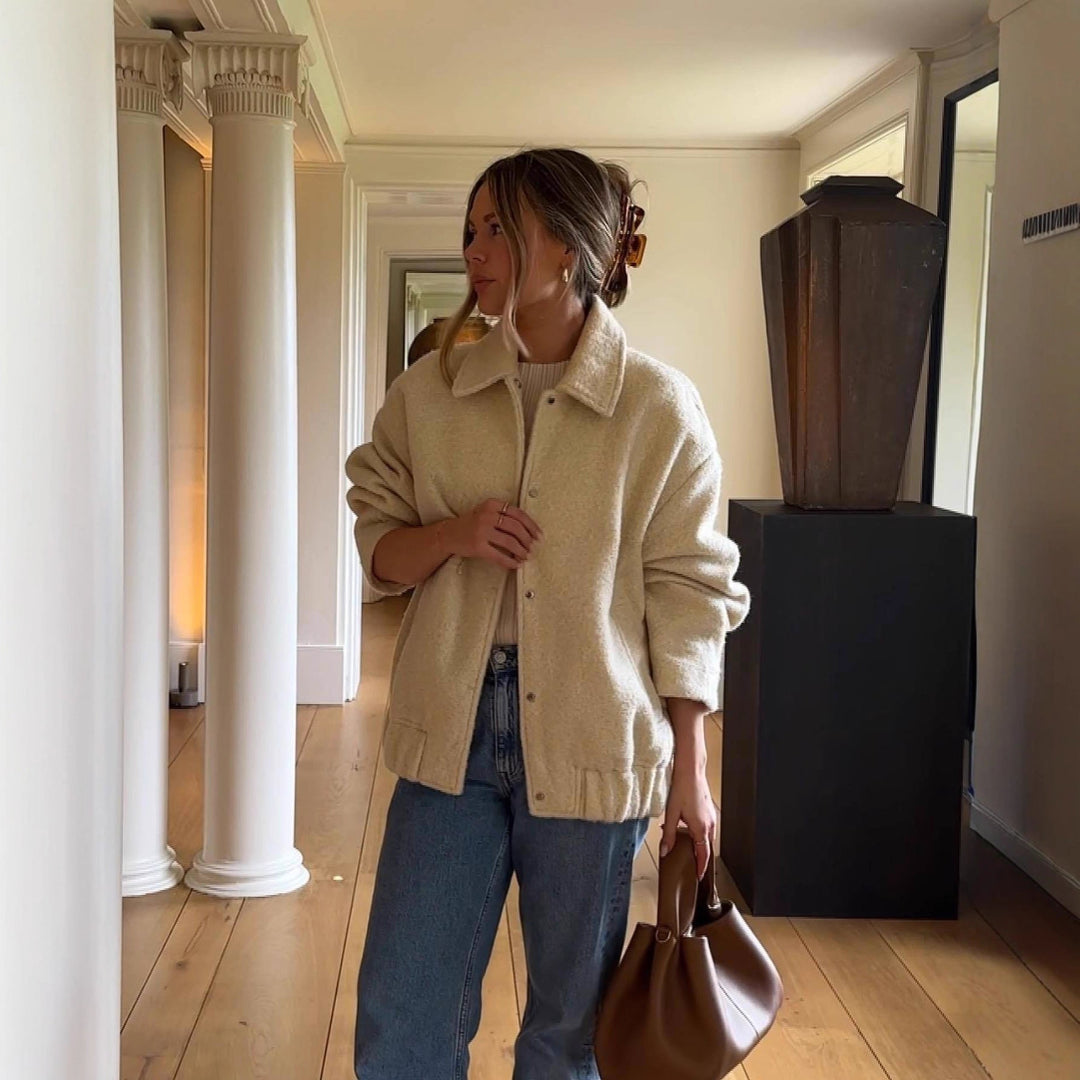 Women's teddy jacket Rosina in Cream White – front view worn indoors