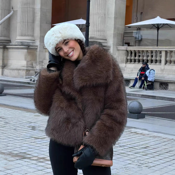 Hebden women's faux fur coat in Dark Brown – front view