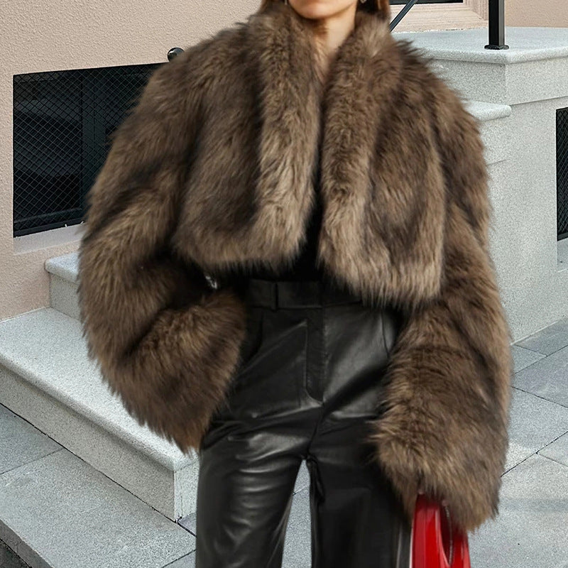 Women's faux fur jacket Zelie in Dark Brown – front view