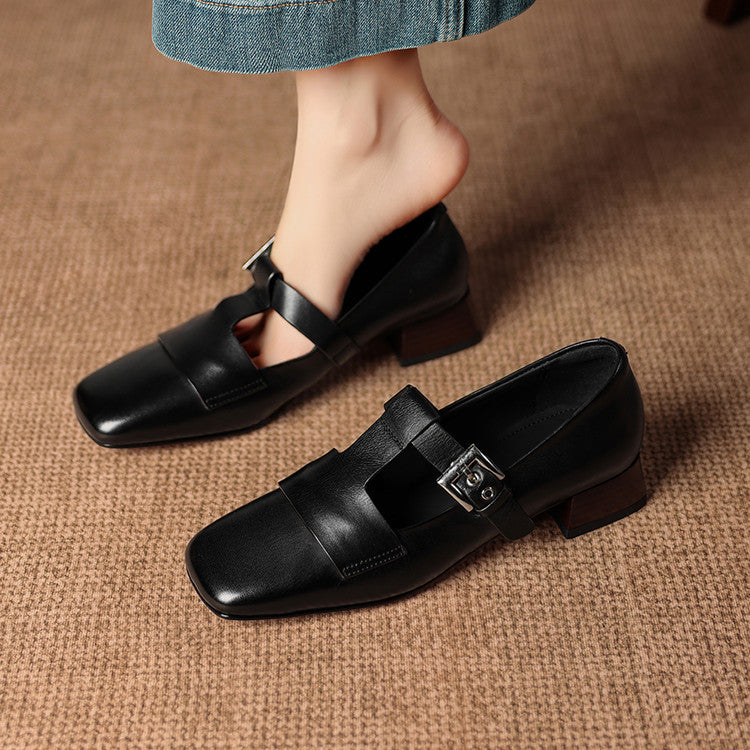 Women's Leather T-Bar Block Heel Shoes – Veyra