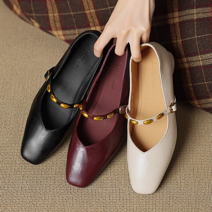 Women's Beaded Strap Leather Mary Jane Flats – Zyra