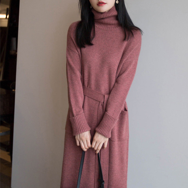 Genna - High-Neck Long-Sleeve Casual Loose Knit Dress