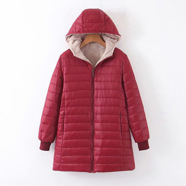 Women's puffer coat Zillah in Burgundy – front view with hood