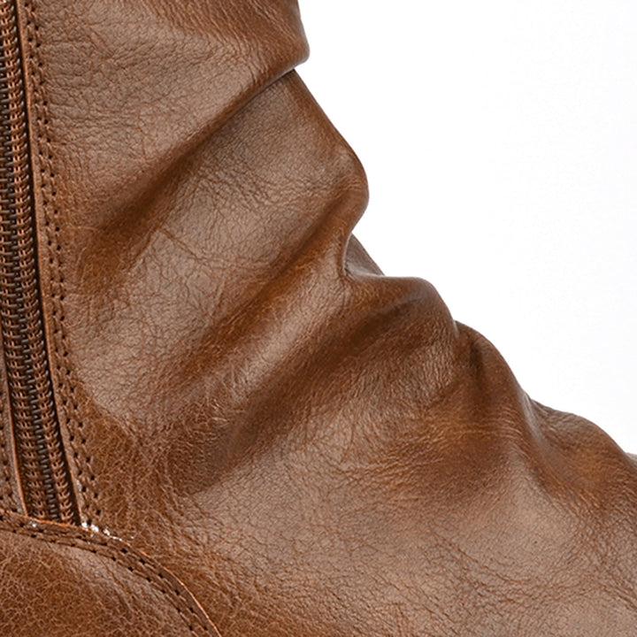 Men's slouch side-zip boots Nobu in Brown – zip and ruching close-up