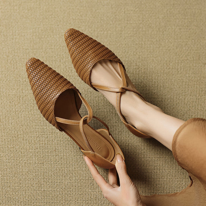 Women's Woven Leather T-Bar Flats – Dona