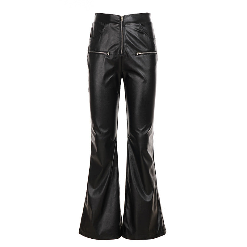 Women's faux leather flared trousers Felicia in Black – zip pocket style front view