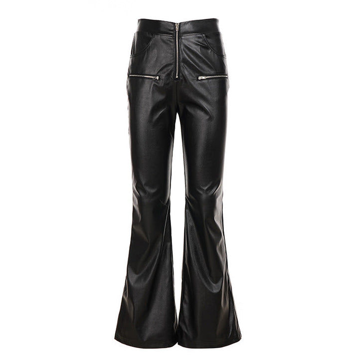 Women's faux leather flared trousers Felicia in Black – zip pocket style front view