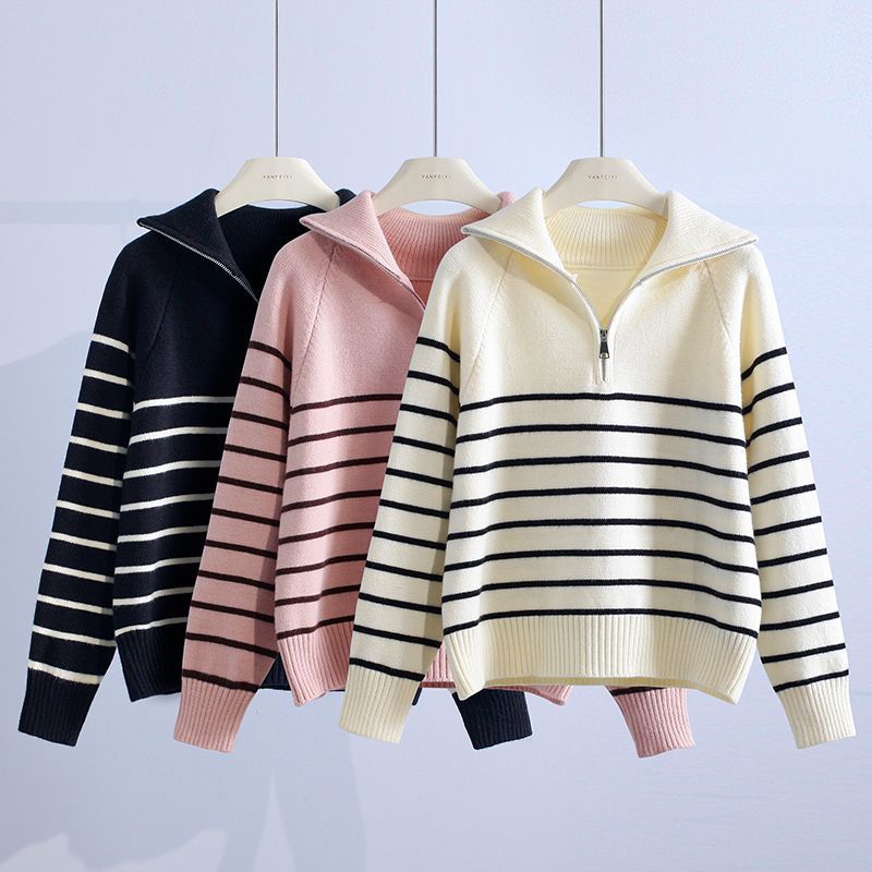 Bernice - Women's striped half-zip jumper in Black, Pink and White – all colours