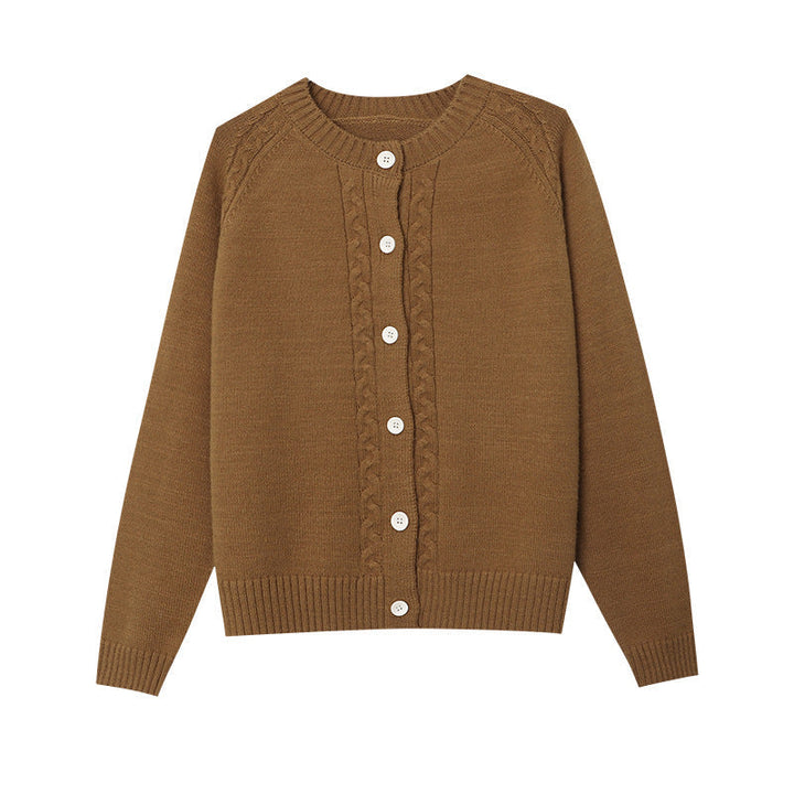 Women's cable knit cardigan Etta in Camel – product flat view