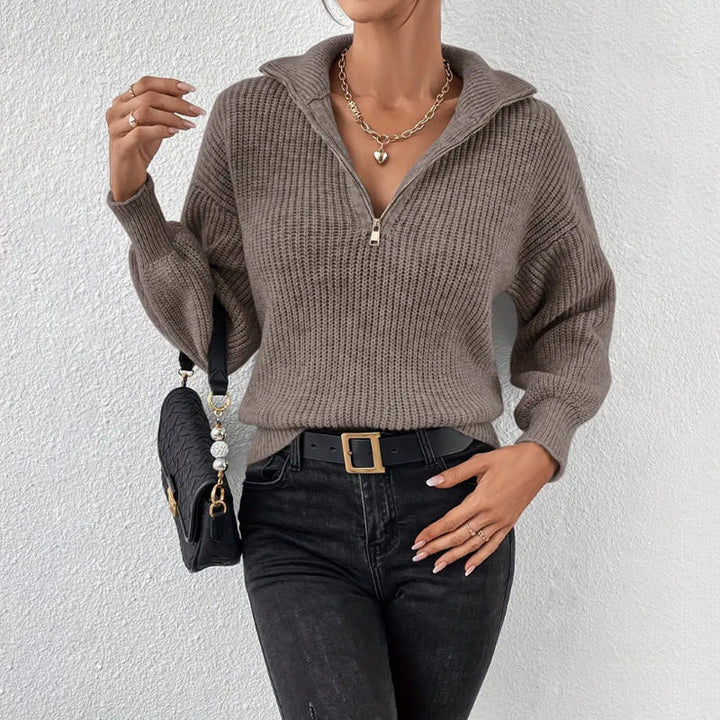 Women's ribbed half zip jumper Hetty in Dark Brown – front view with bag