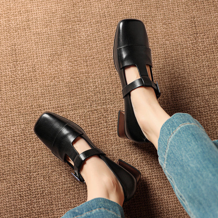 Women's Leather T-Bar Block Heel Shoes – Veyra
