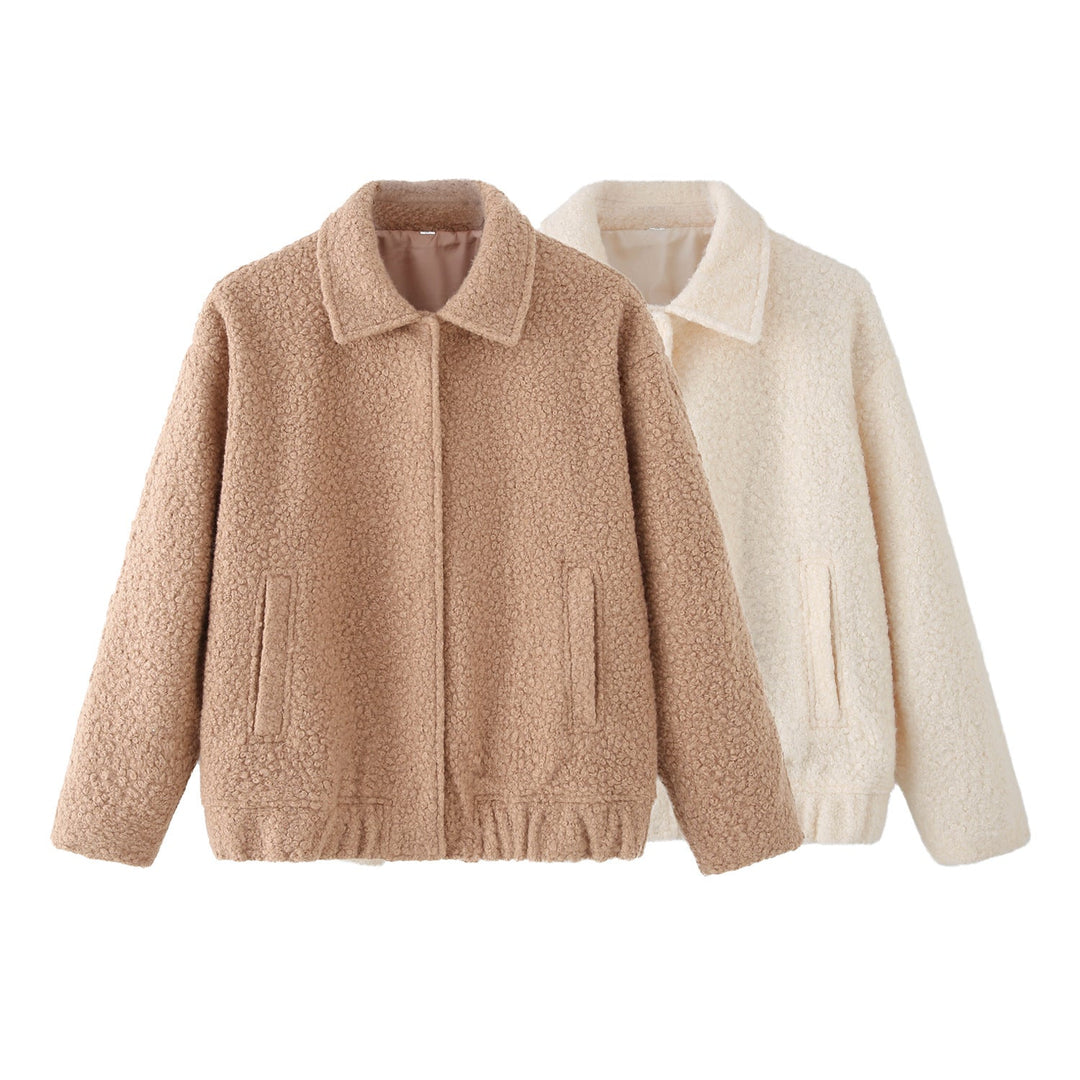 Women's teddy jacket Rosina in Camel and Cream White – both colours side by side