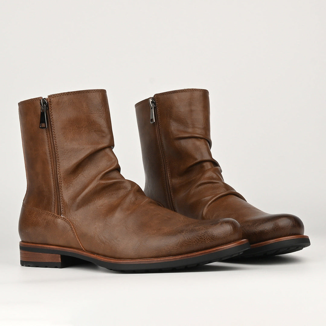 Men's slouch side-zip boots Nobu in Brown – pair showing zips