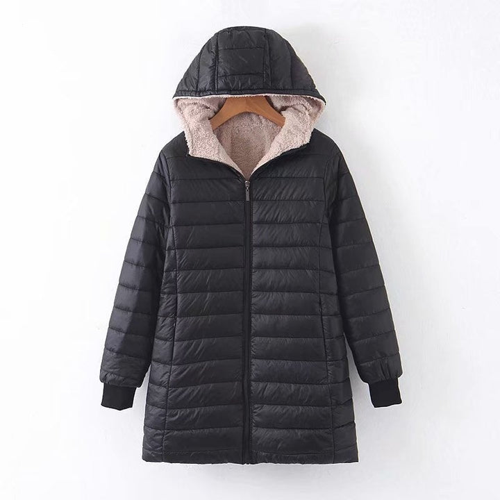 Women's puffer coat Zillah in Black – front view with hood