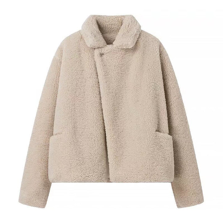 Women's cropped teddy jacket Xena in Beige – flat front view closed