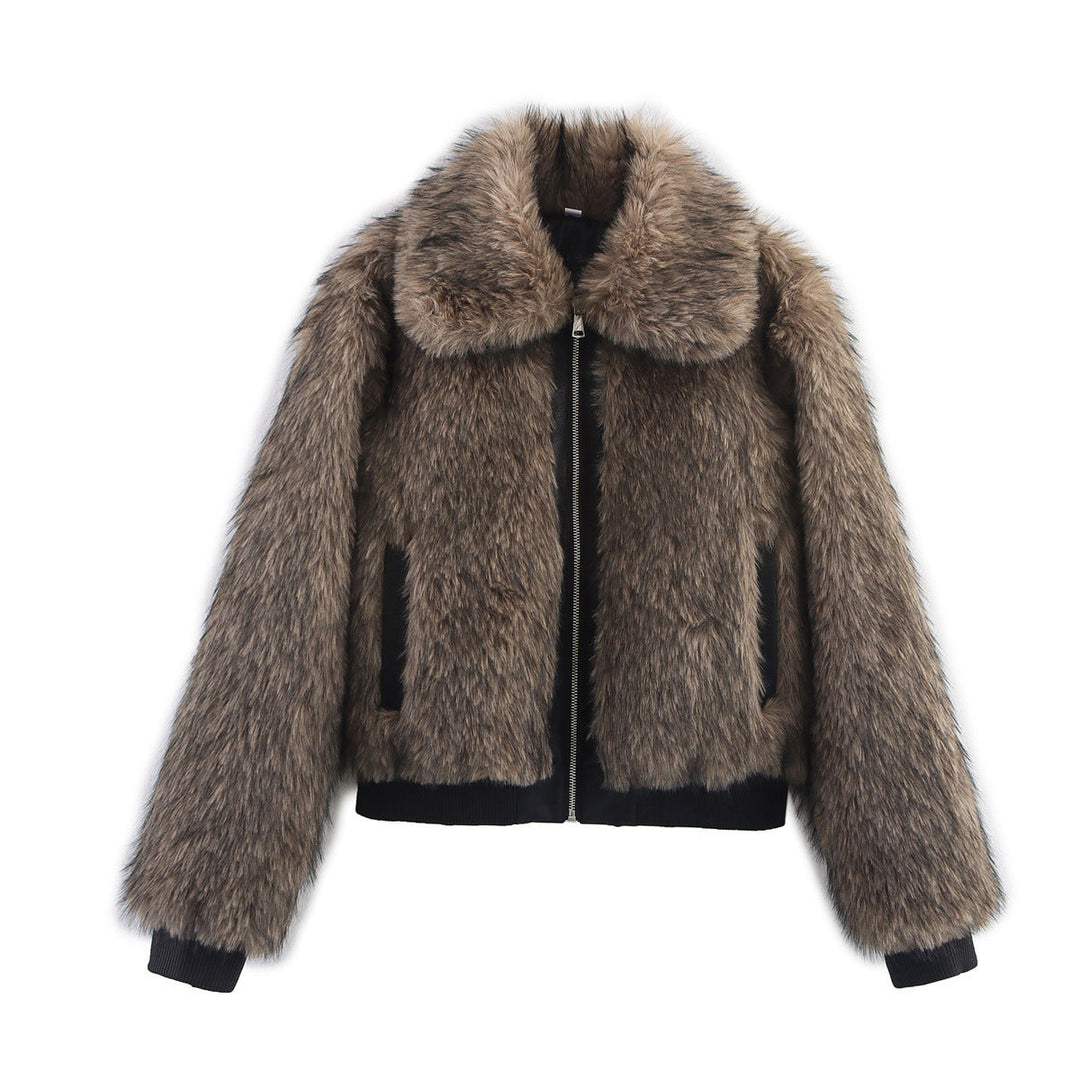 Women's Faux Fur Bomber Jacket with Zip Closure