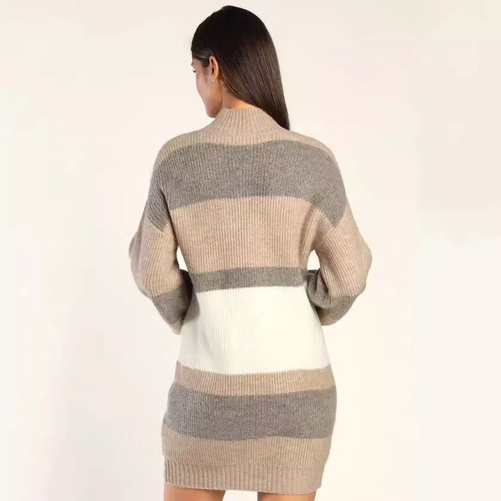 Women's striped knitted jumper dress Fleur in Khaki – back view