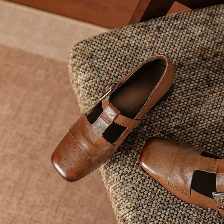 Women's Leather T-Bar Block Heel Shoes – Veyra
