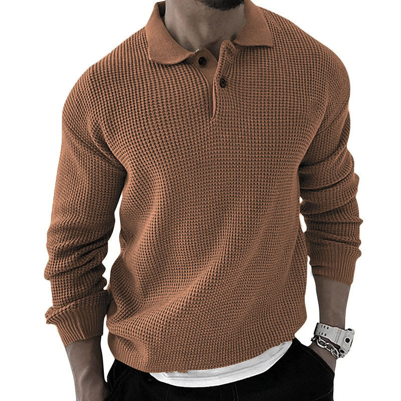 Men's Waffle Knit Polo Jumper – Wilder in Coffee, front view