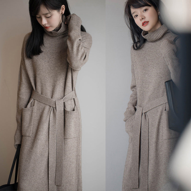 Genna - High-Neck Long-Sleeve Casual Loose Knit Dress
