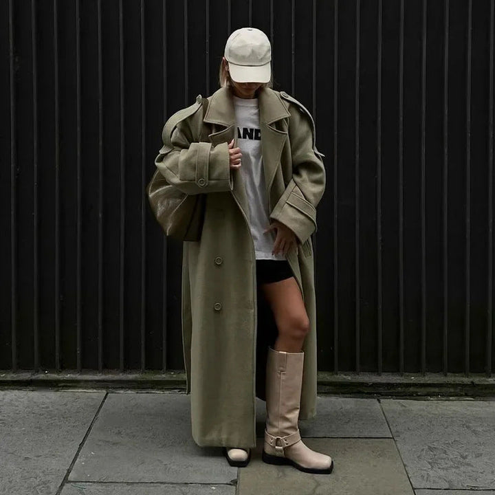 Women's oversized trench coat Sukie in Green – worn open standing