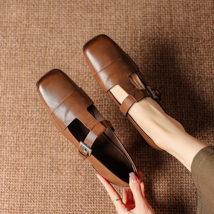 Women's Leather T-Bar Block Heel Shoes – Veyra