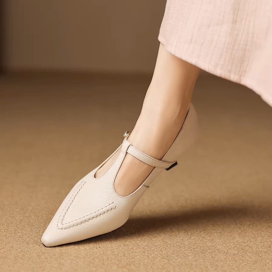 Women's Leather Kitten Heel T-Bar Shoes – Tirea
