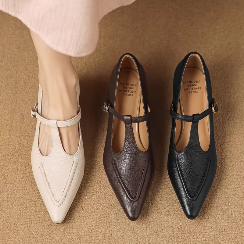 Women's Leather Kitten Heel T-Bar Shoes – Tirea