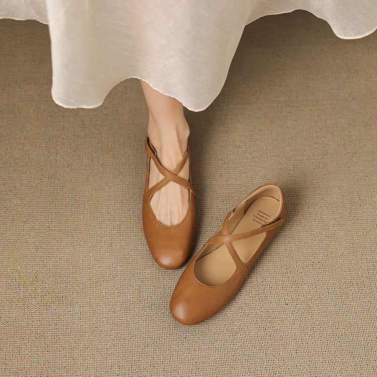Women's Leather Ballet Flats with Cross Straps – Zeor