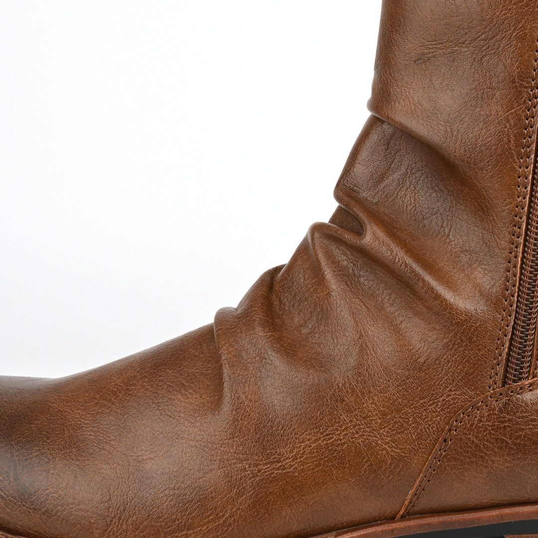 Men's slouch side-zip boots Nobu in Brown – ruching close-up