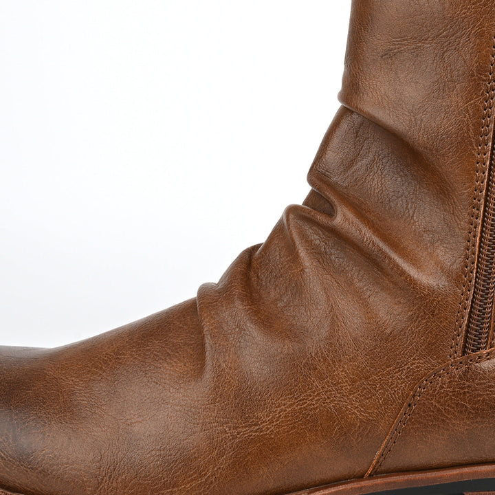 Men's slouch side-zip boots Nobu in Brown – ruching close-up