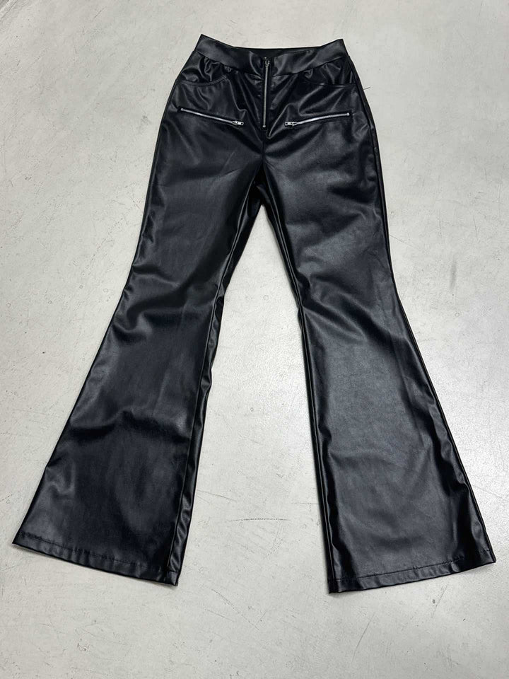 Women's faux leather flared trousers Felicia in Black – zip pocket style flat view