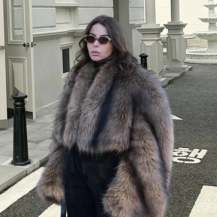 Women's faux fur jacket Zelie in Dark Grey – street style view
