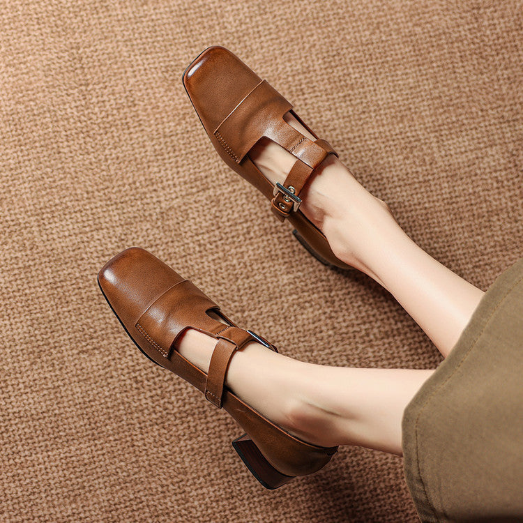 Women's Leather T-Bar Block Heel Shoes – Veyra