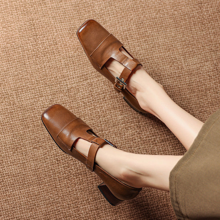 Women's Leather T-Bar Block Heel Shoes – Veyra