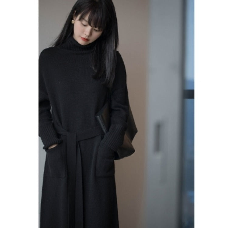Genna - High-Neck Long-Sleeve Casual Loose Knit Dress
