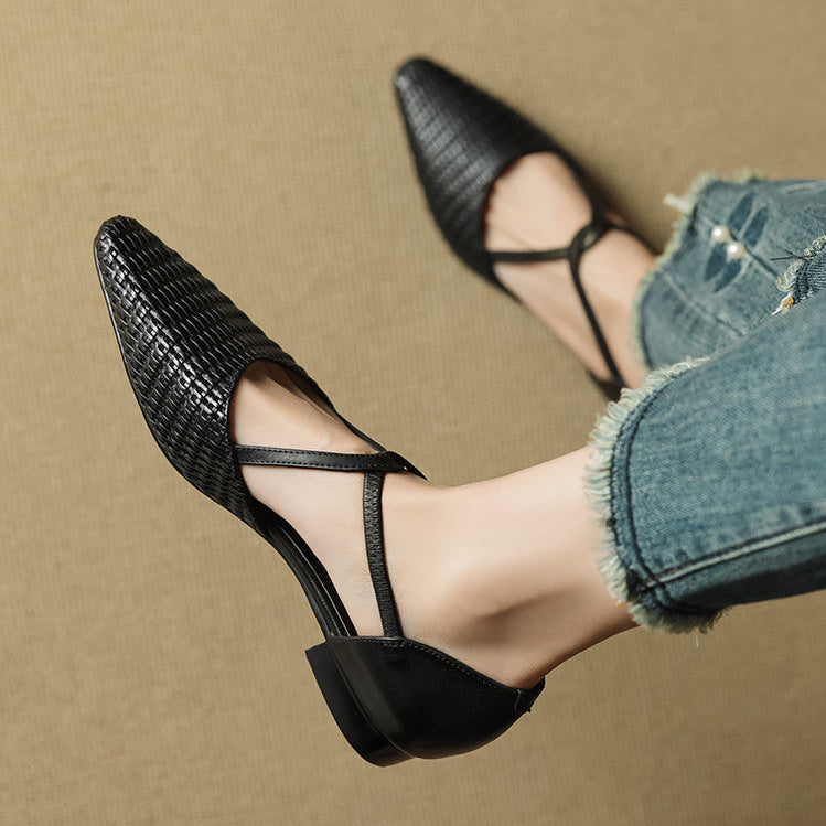 Women's Woven Leather T-Bar Flats – Dona