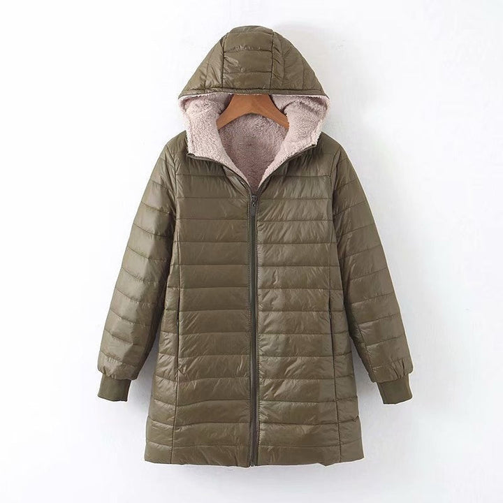 Women's puffer coat Zillah in Olive Green – front view with hood