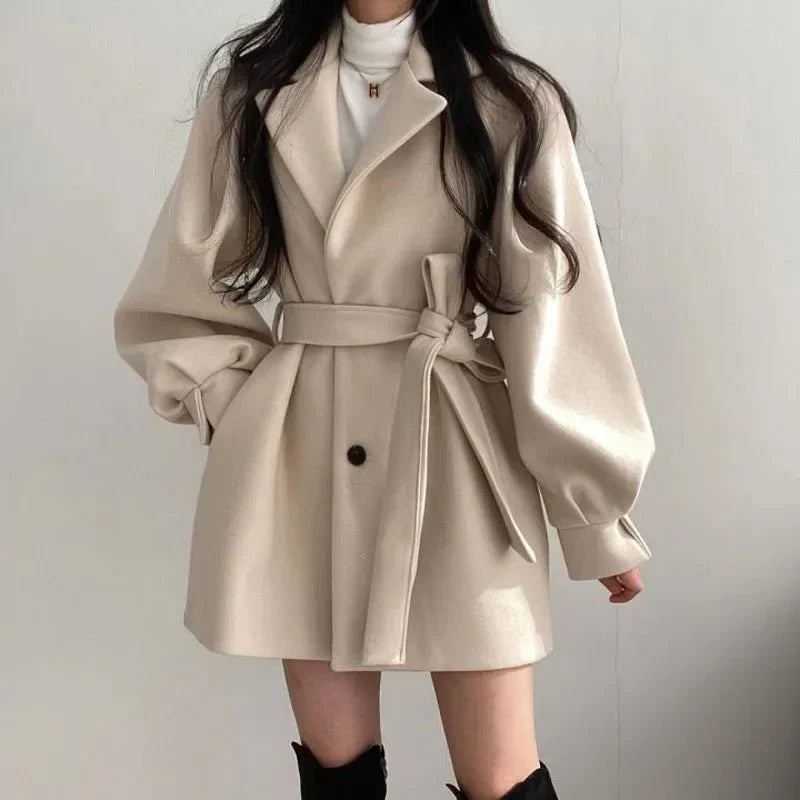 Women's belted short coat Clementina in White – front view belted